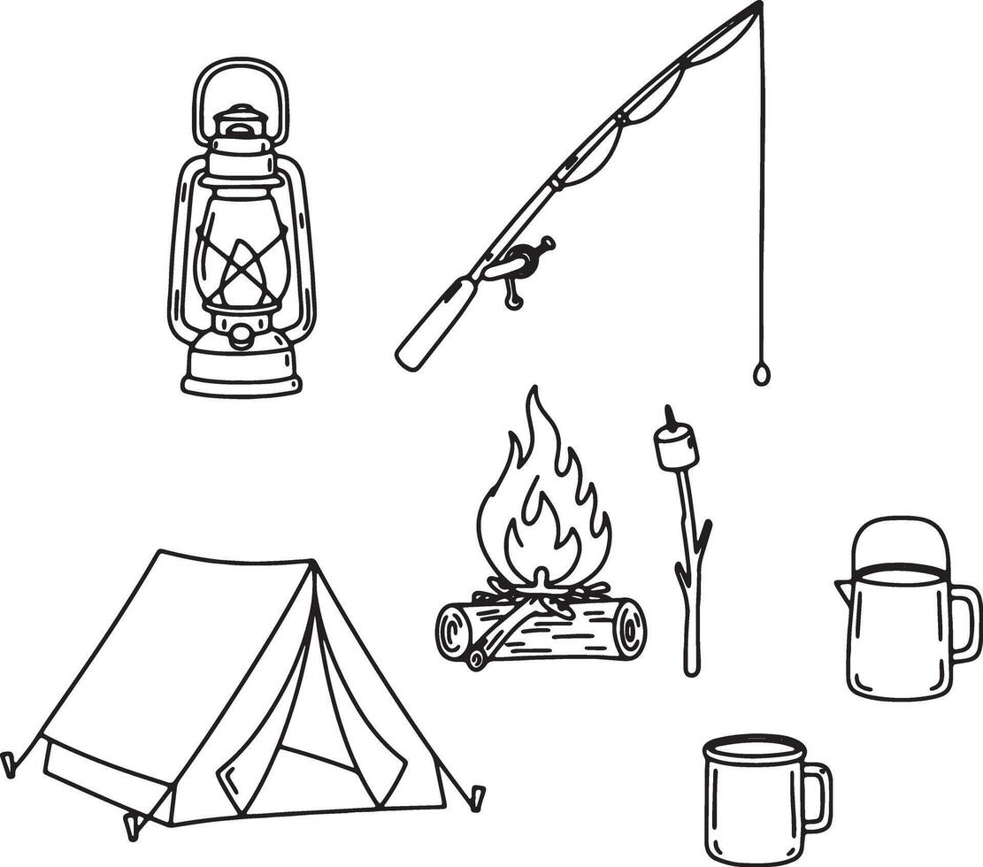 Serene Camping Scene Lantern, Tent, Fishing Rod, Campfire, and Cozy Mug Line Art Illustration - Professional digital artwork with vibrant colors and detailed composition vector