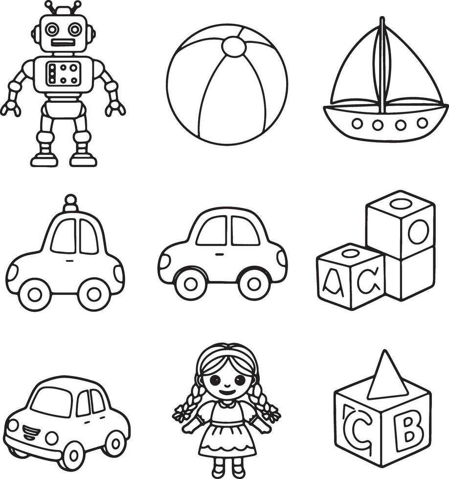 Adorable Black and White Line Art of Childrens Toys Robot, Car, Doll, and Building Blocks, Perfect for Coloring Pages vector