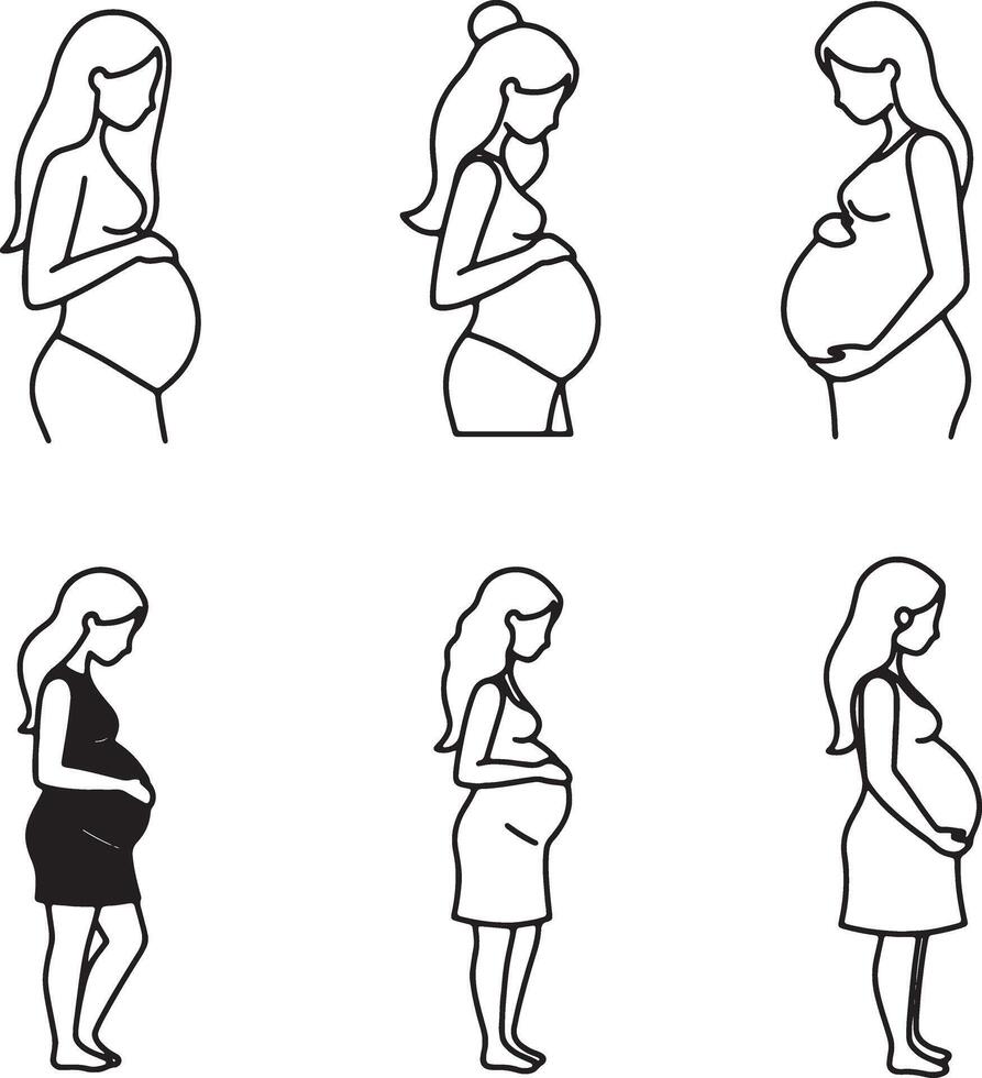 Six Serene Line Drawings of Pregnant Women in Various Poses and Attire, a Collection of Expectant Mother Illustrations vector