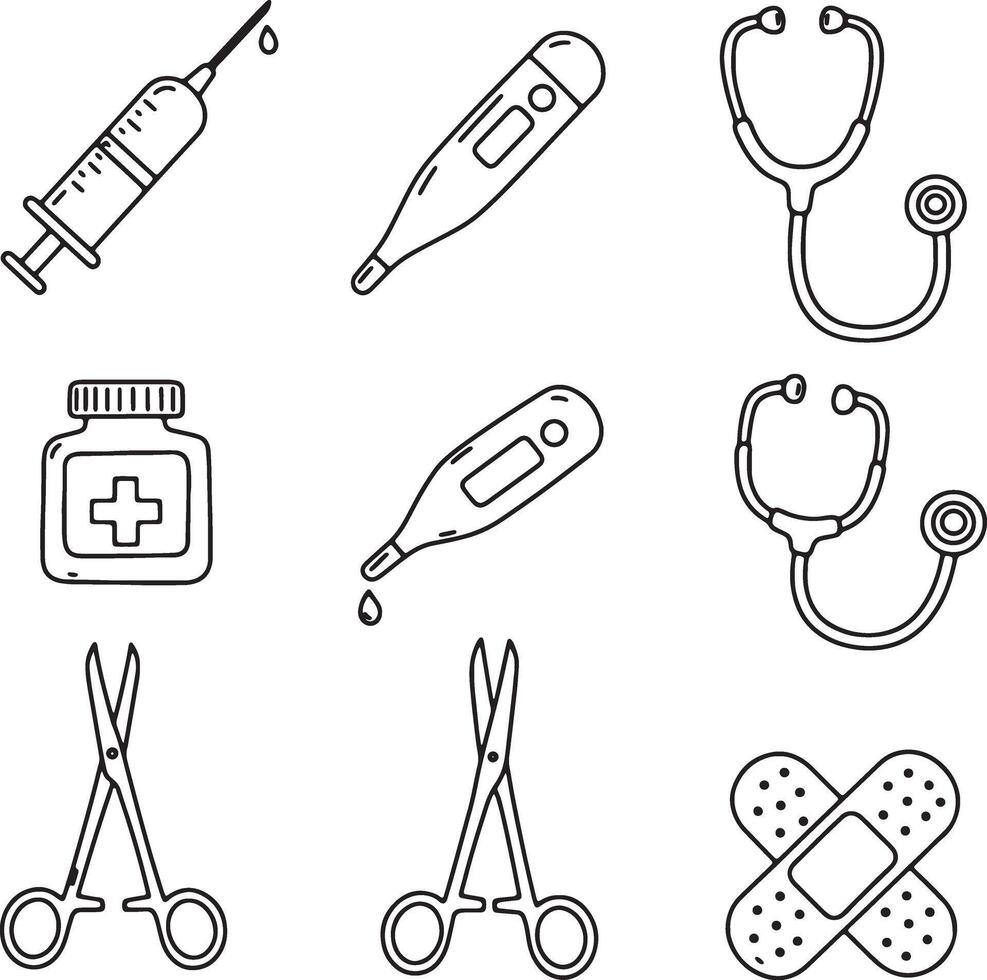 Collection of Hand-Drawn Medical Illustrations Syringes, Thermometers, Stethoscopes, and First Aid Supplies in a Clean, Minimalist Style vector