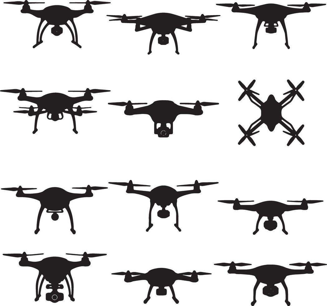 Collection of Stylish Black Silhouette Drone Designs, Hovering in Air, Atmospheric Mood, Isolated on White vector