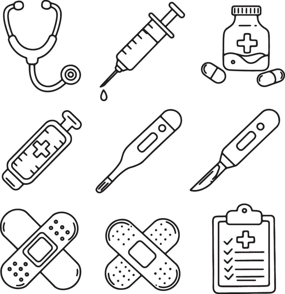 Simple Line Drawings of Medical Equipment Syringes, Stethoscope, Bandages, and More in a Clean, Minimalist Style vector