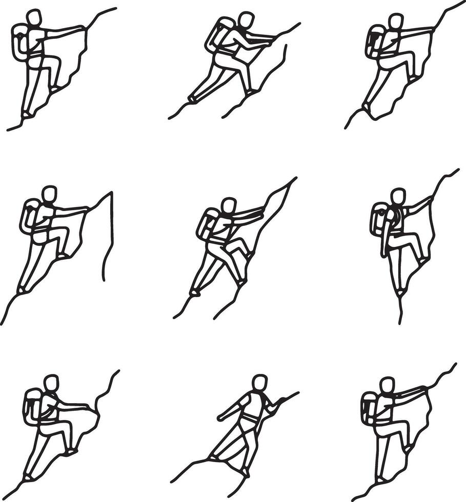 Nine Line Drawings of Hikers Ascending a Mountain A Dramatic Illustration of Determination and Perseverance in Nature vector