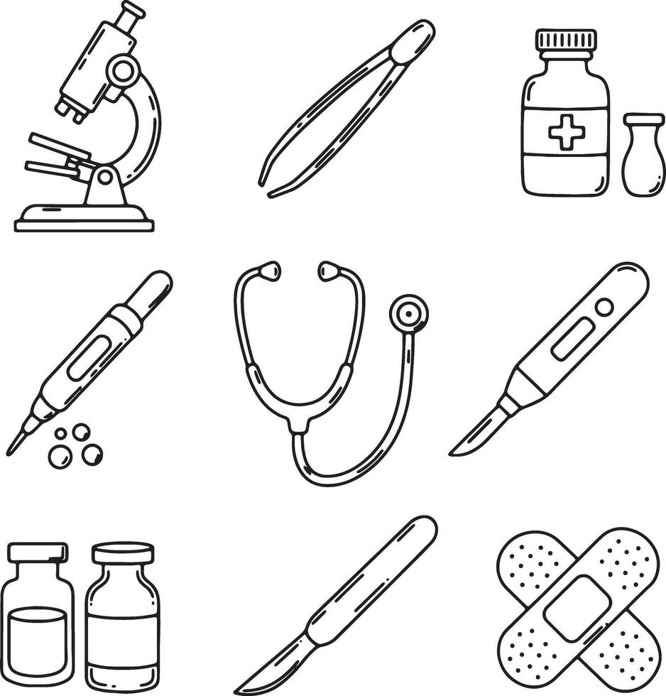 Collection of Hand-Drawn Medical Instruments and Supplies A Simple, Clean, and Informative Illustration for Healthcare Professionals vector