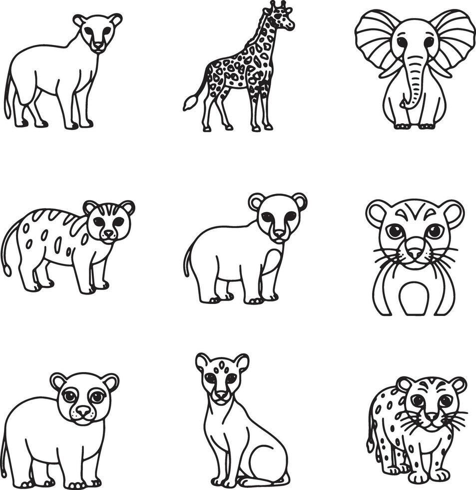 Adorable African Safari Animals Line Art Cute Lion, Giraffe, Elephant, and Cub Illustrations for Kids vector