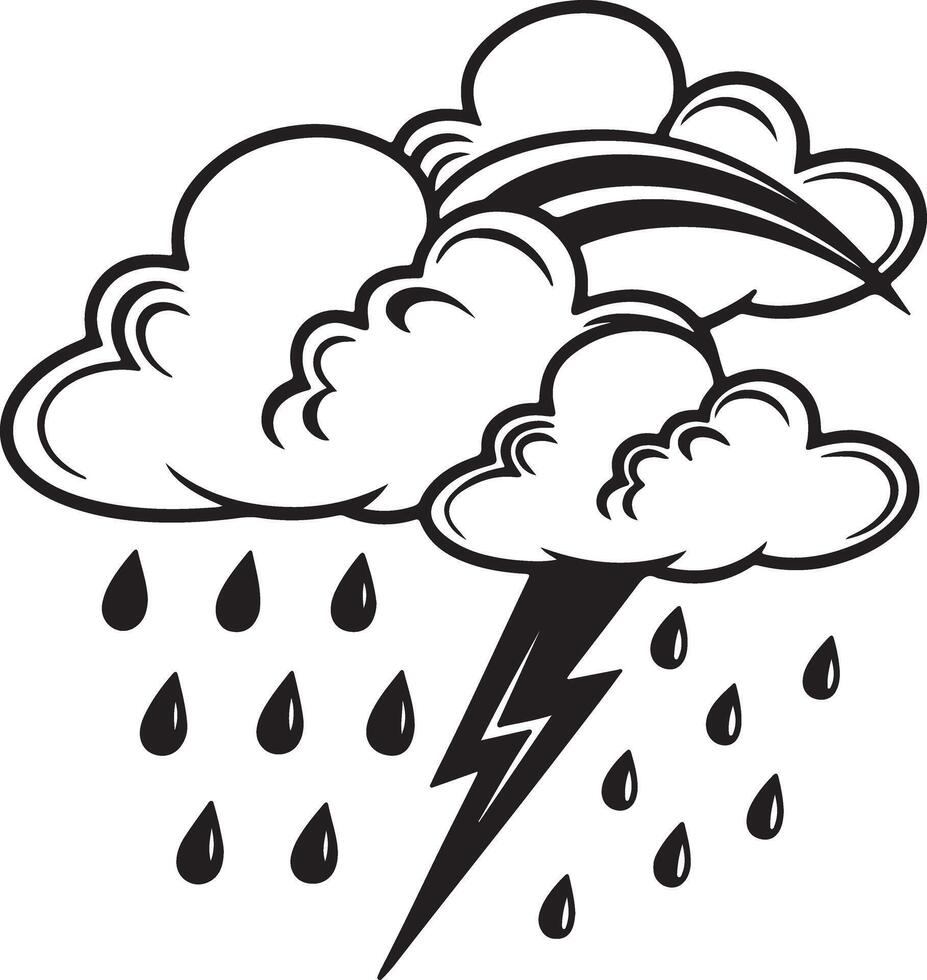 Dramatic Black and White Illustration of a Thunderstorm with Rain and Rainbow, Depicting a Moody Sky Scene vector