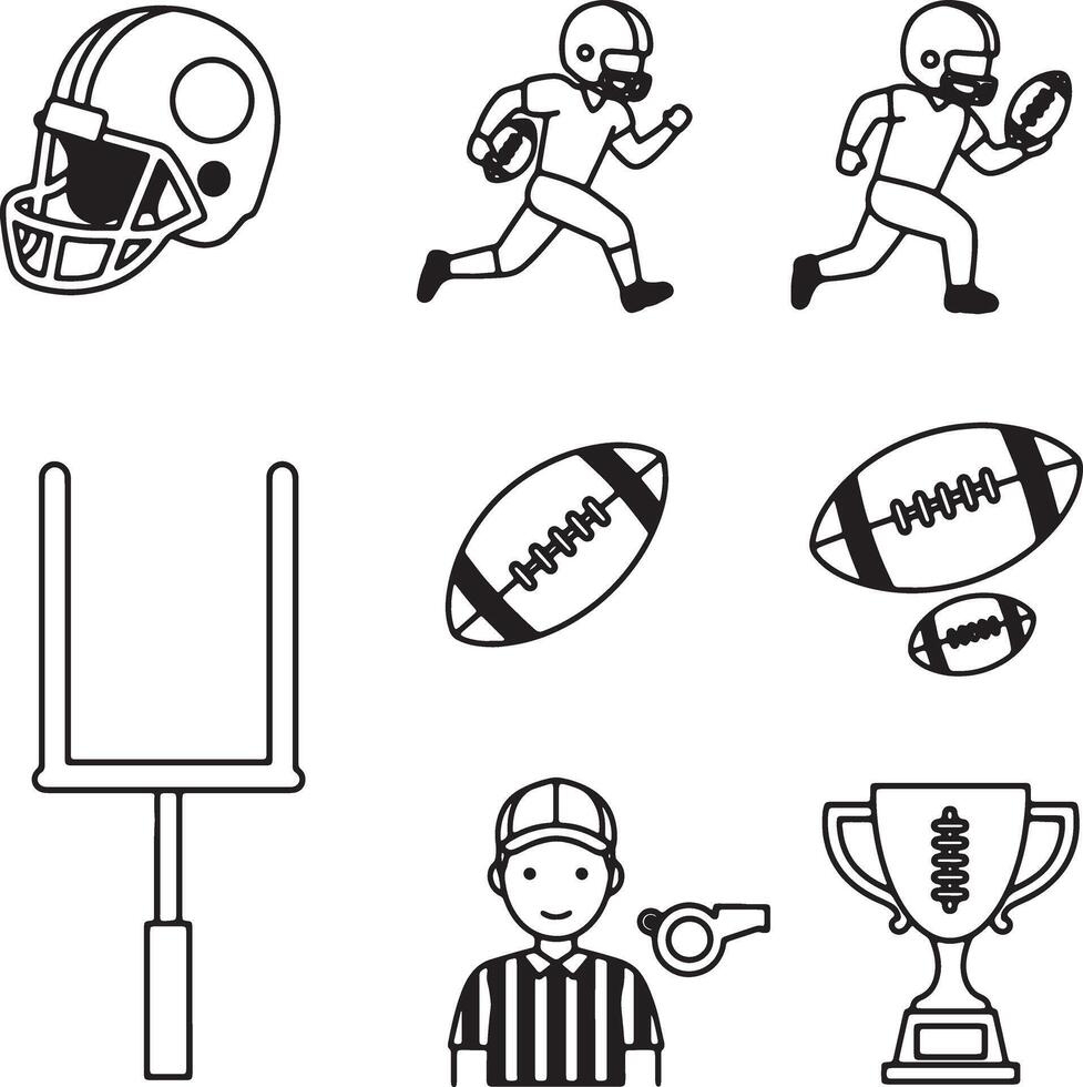 Dynamic American Football Icons Players Running, Helmet, Goalpost, Ball, Referee, and Trophy Illustrating the Excitement of the Game vector