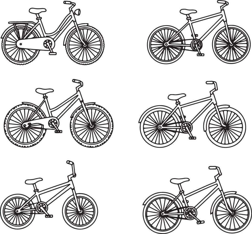 Six Stylish Black and White Bicycle Illustrations A Collection of Line Art Bikes for Print and Web Design vector