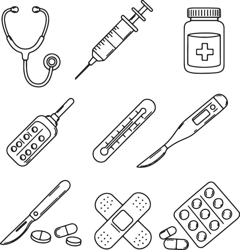 Clean Line Art Illustrations of Medical Instruments and Supplies A Sterile and Serene Mood Board for Healthcare Professionals vector