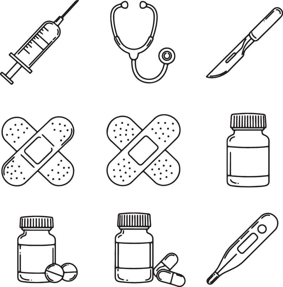 Simple Line Art Medical Icons Syringe, Stethoscope, Scalpel, Bandages, Pills, and Thermometer, Clean Minimalist Style vector