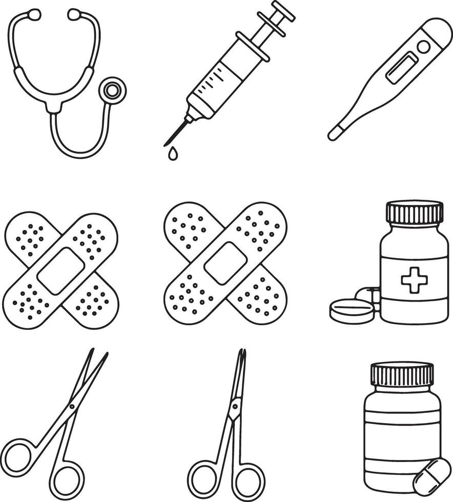 Simple Line Art Medical Icons Stethoscope, Syringe, Bandages, Pills, and Scissors, Representing Healthcare and First Aid vector