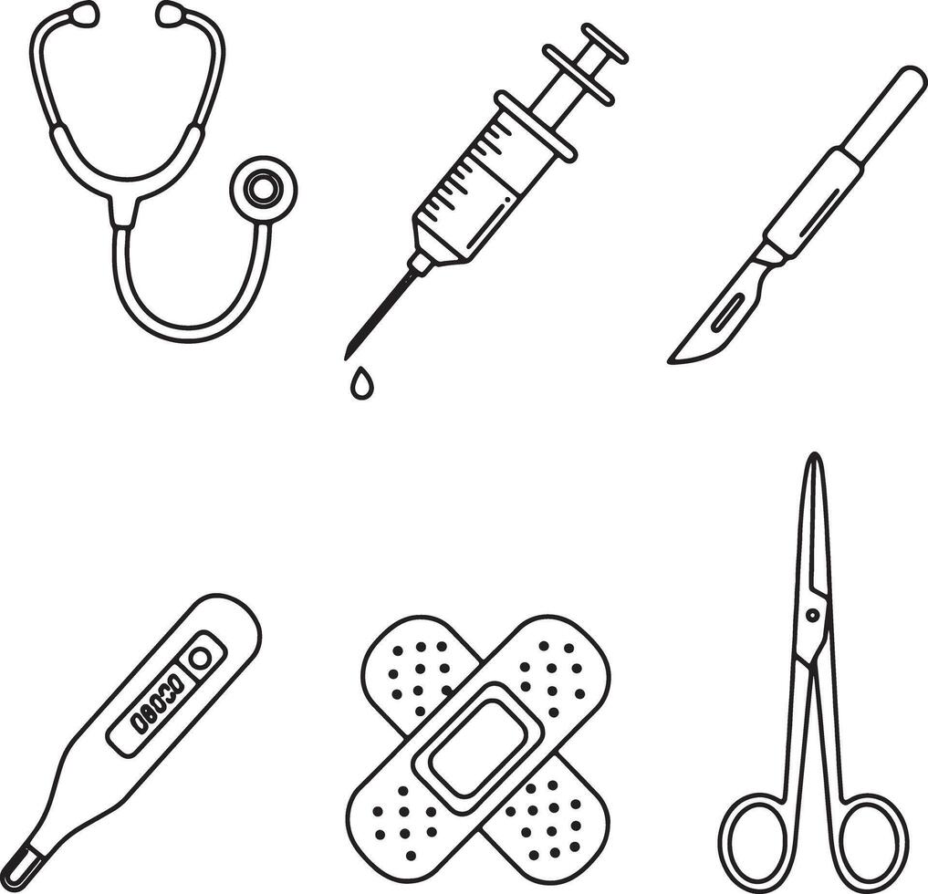 Simple Line Art Medical Icons Stethoscope, Syringe, Scalpel, Bandage, Thermometer, and Scissors Illustrating Healthcare and Medical Tools vector