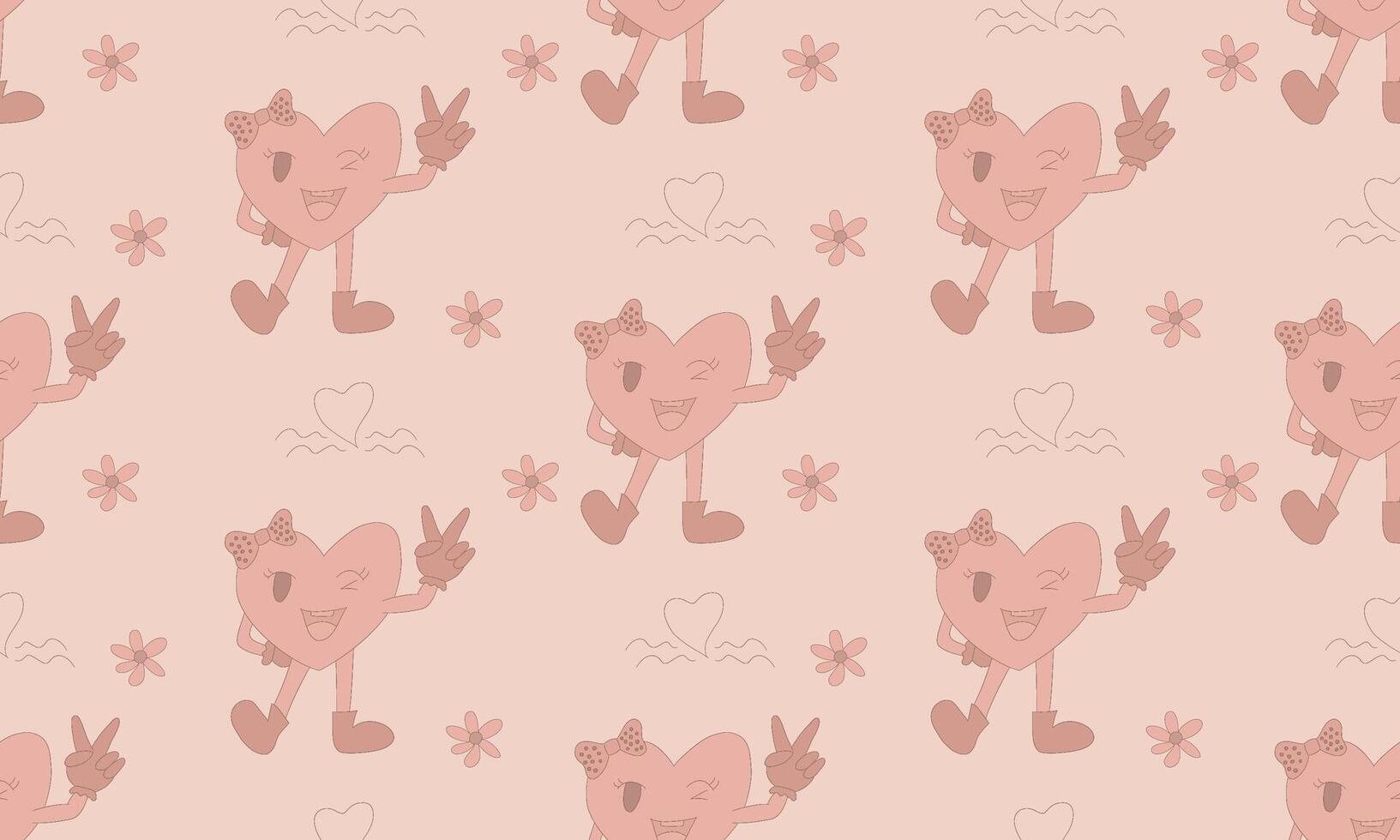 Playful Hand-Drawn Seamless Pattern with Cute Heart Character and Flowers in Peachy Pink Tones vector