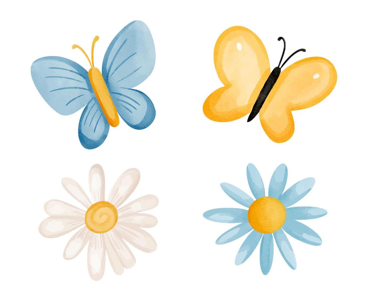Watercolor butterflies and flowers vector