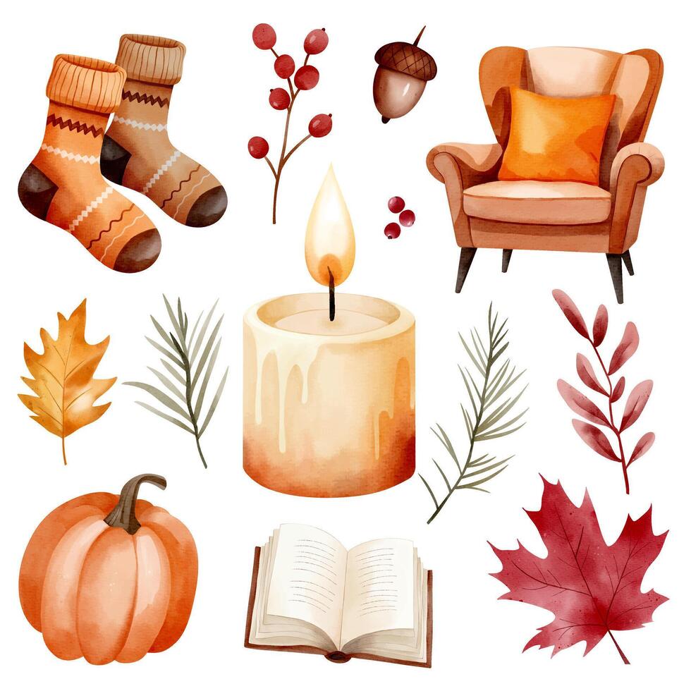 Fall decor elements including pumpkin and candle vector