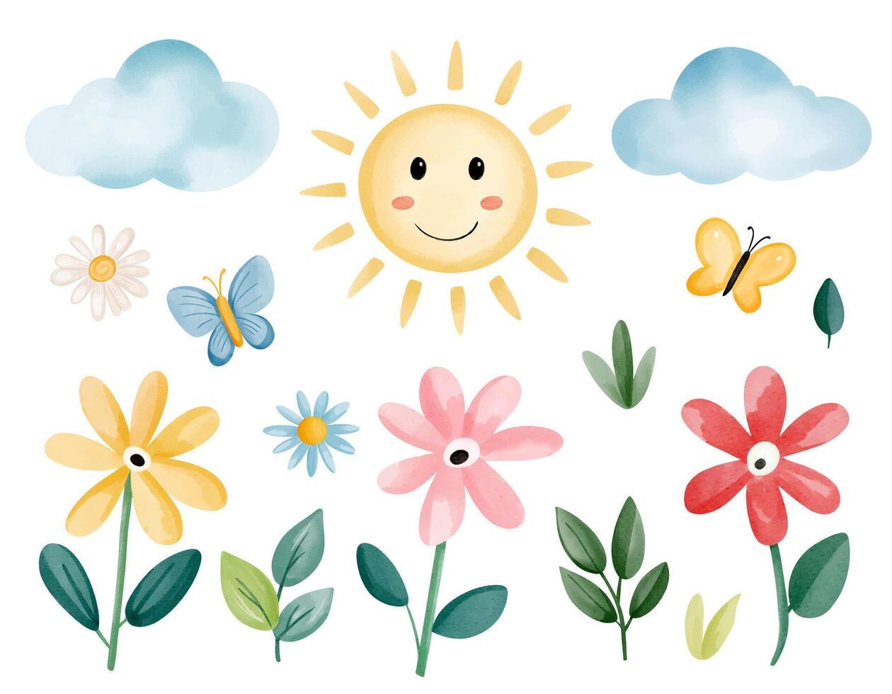 Watercolor nature elements in cute kids style for summertime design, featuring sunny and clouds, flowers vector