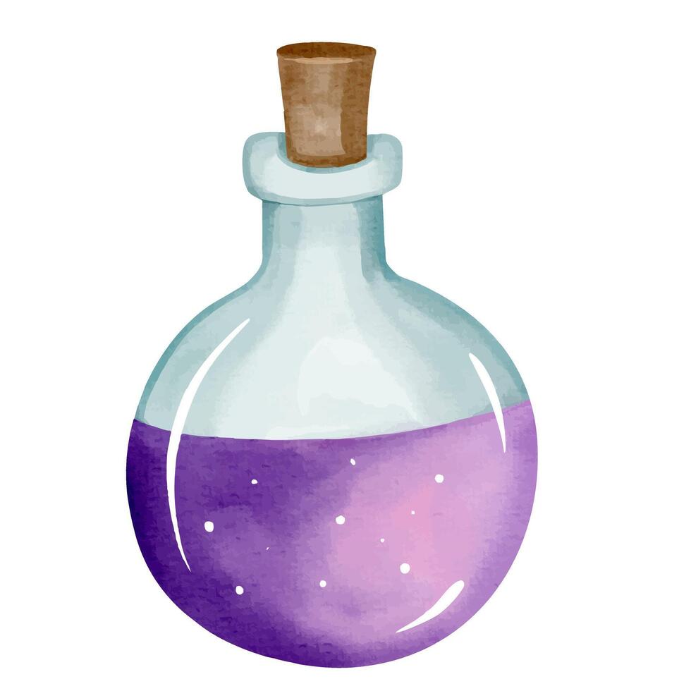 Watercolor magic potion in purple tones. A fantasy bottle for dreamy mystical designs and decor vector