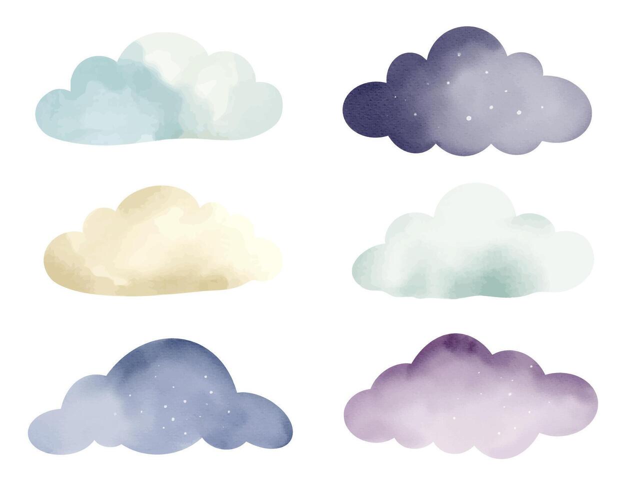 Watercolor set of dreamy clouds. Yellow, purple and blue pastel tones. Fluffy fantasy sky. vector