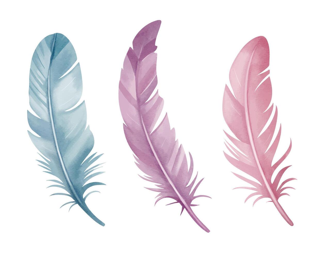 Watercolor feather set with fantasy vibes in soft pink and purple tones for ethereal and dreamy design vector