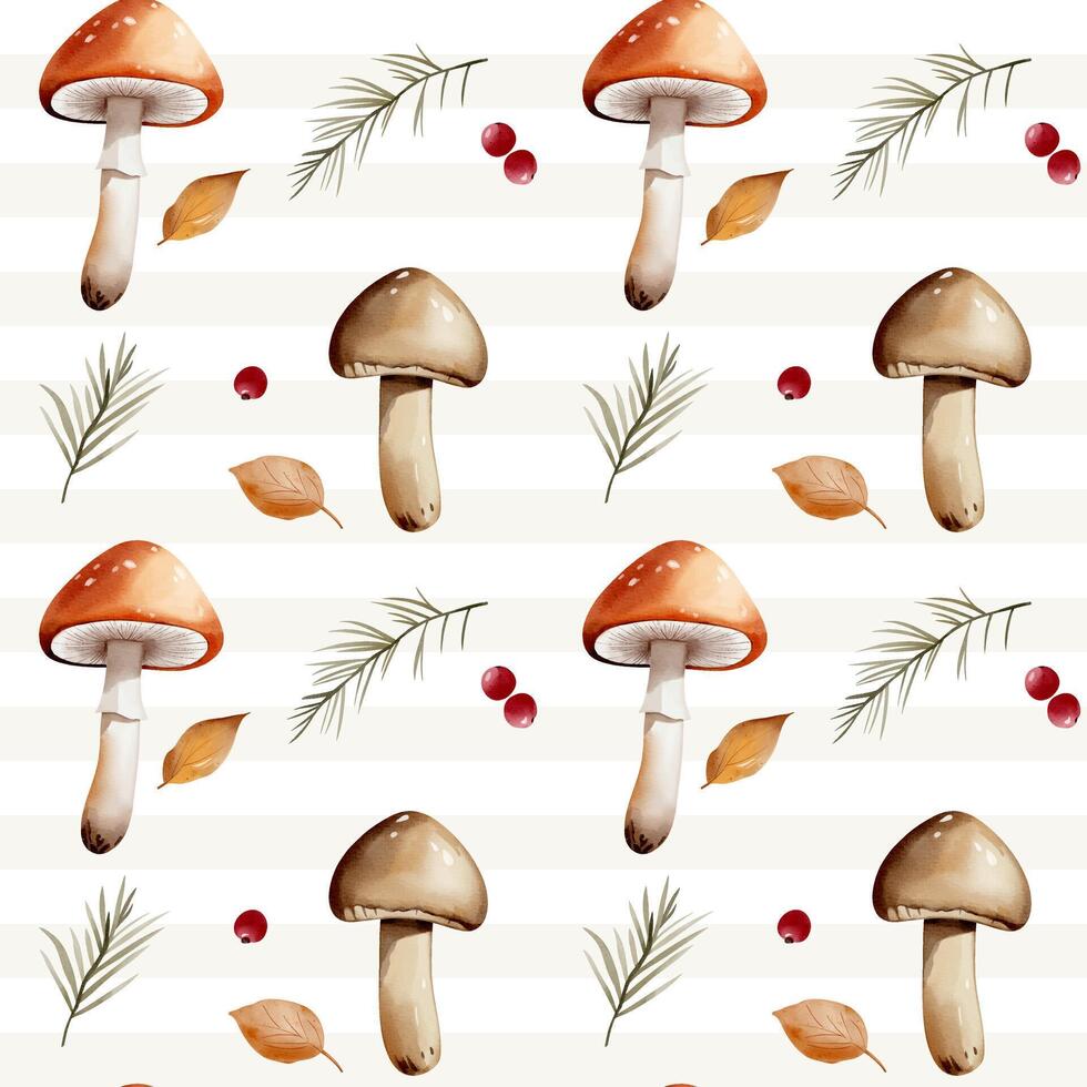 Watercolor autumn background with mushrooms, leaves, berries and branches. Fall seamless pattern vector
