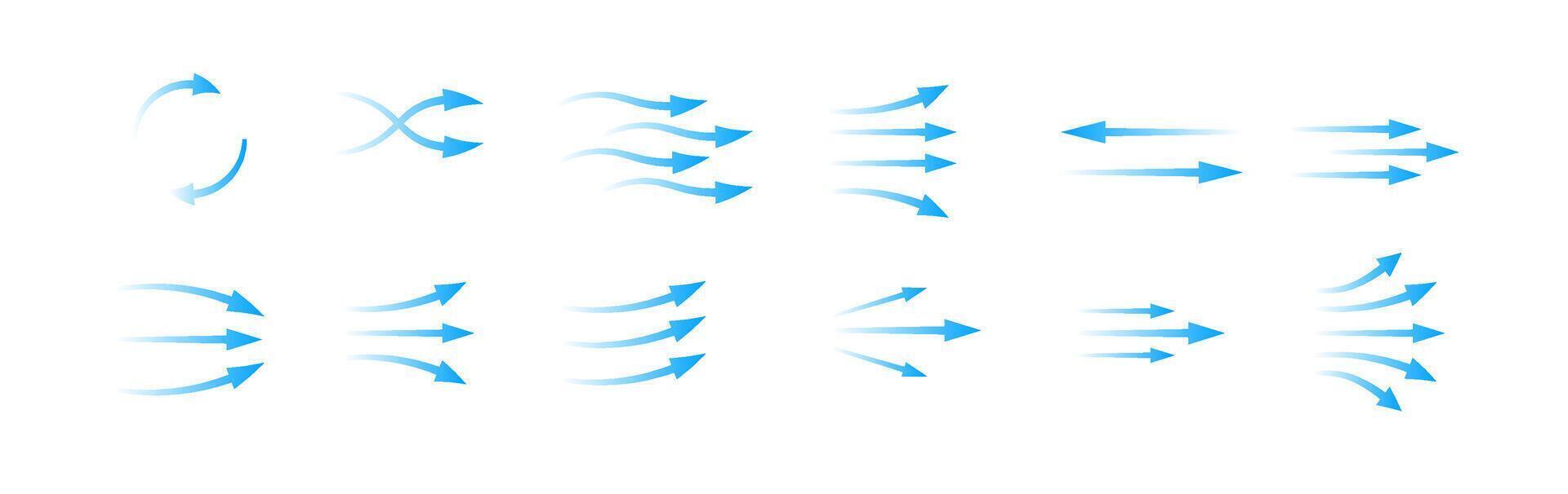 Arrow designs illustrating air flow and motion directions in various styles and shapes vector