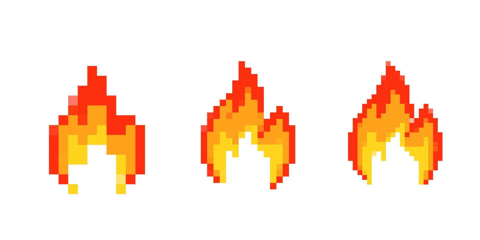 Mosaic pixel art fire icons in bright red and yellow for retro game design vector