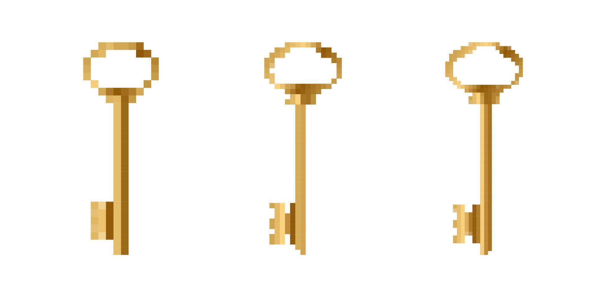 Mosaic pixel art golden key icons in retro 8 bit style for games and creative projects vector
