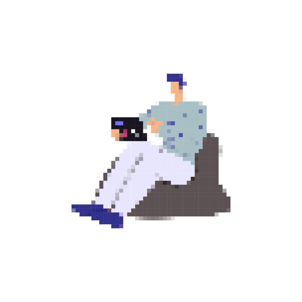 Mosaic pixel-style icon of person relaxing on bean bag with laptop in casual outfit vector