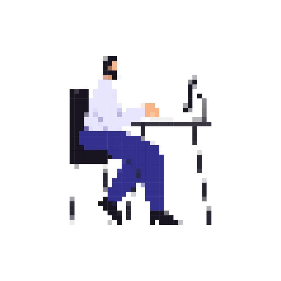 Mosaic pixel art of seated person working at desk with computer in retro style design vector