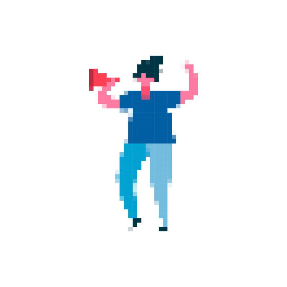 Mosaic style pixelated character holding red object in hand with raised arms vector