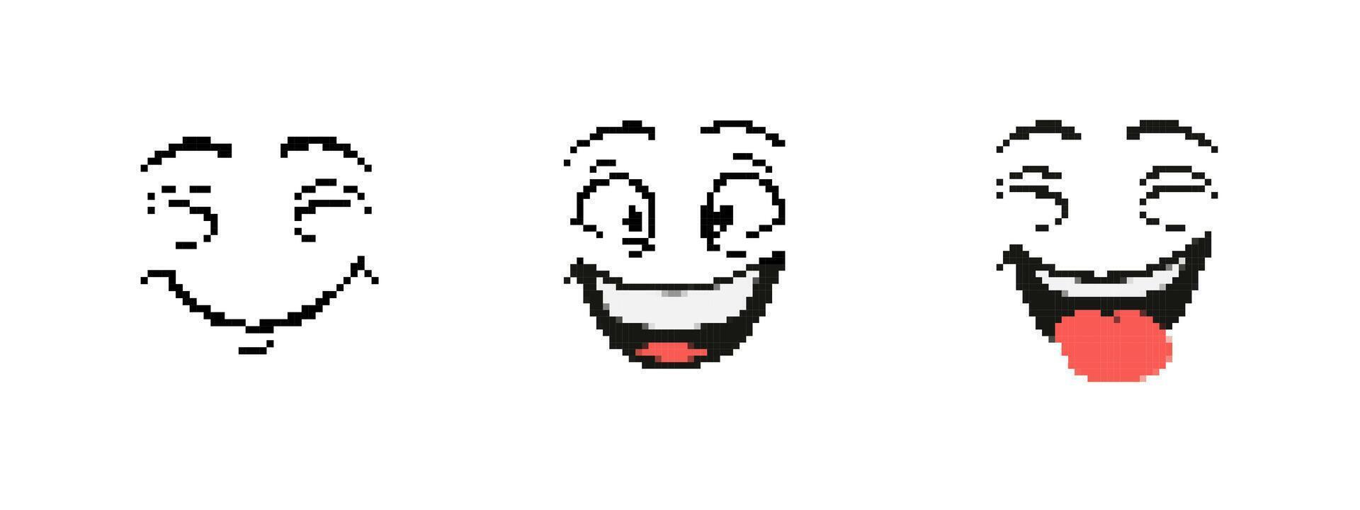Mosaic pixel art faces showing expressive smiles and laughter with playful tongue sticking out vector