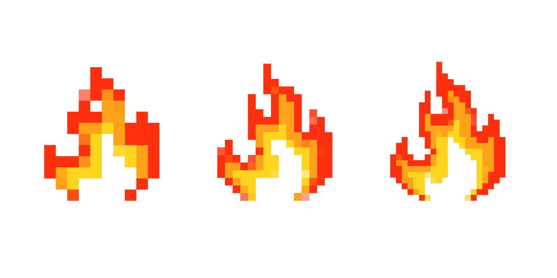 Mosaic pixel art icons of vibrant 8 bit style fire illustrations for retro designs vector