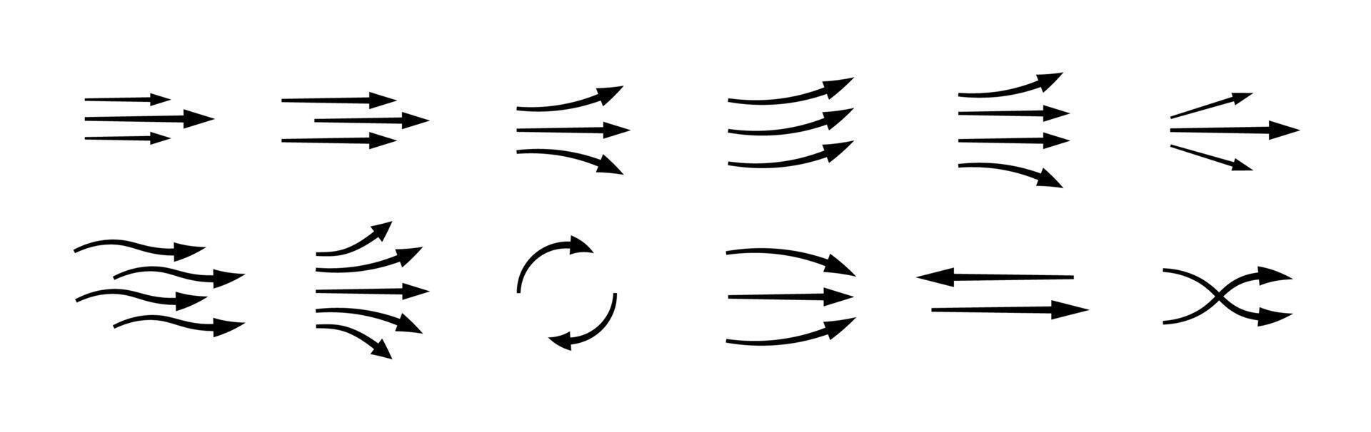 Arrows show dynamic air flow and motion with various shapes and directions vector