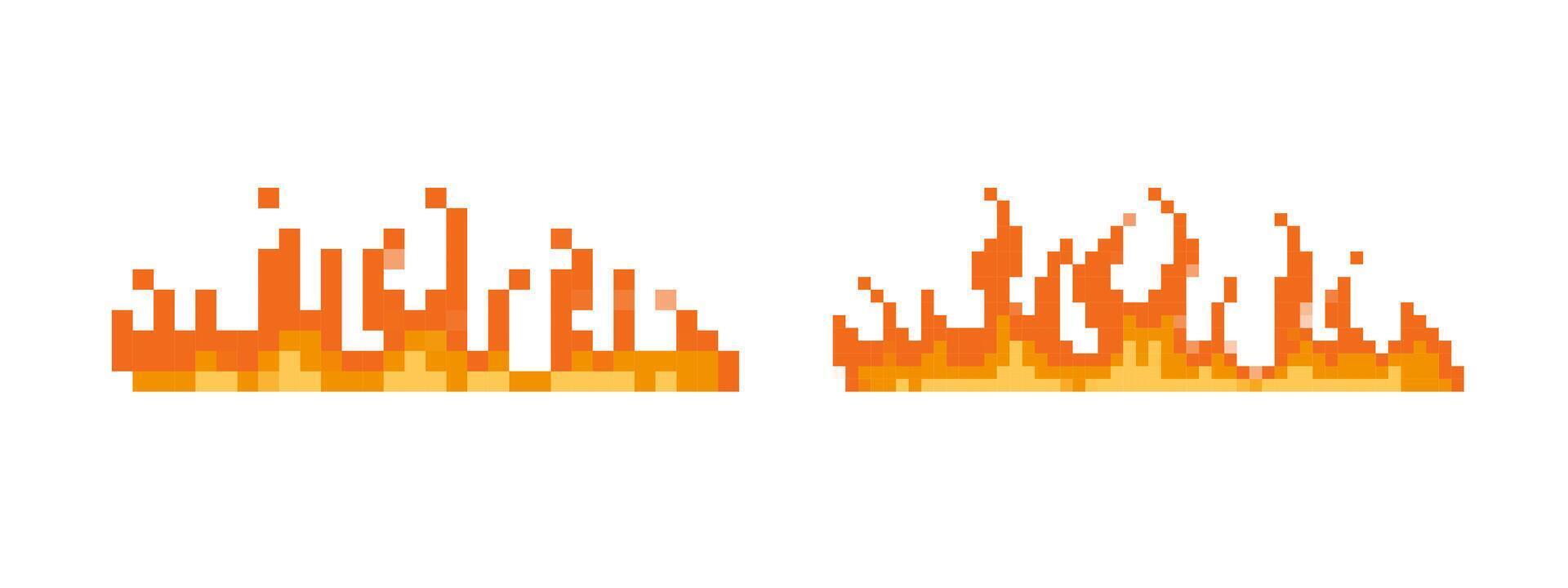 Mosaic pixel art flames in bright orange and yellow shades with retro gaming style vector