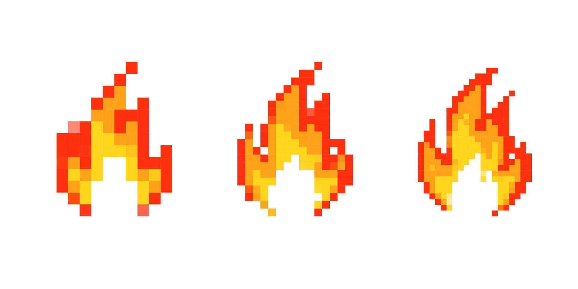 Mosaic pixel icons of fiery flames in retro 8 bit style for nostalgic game designs vector