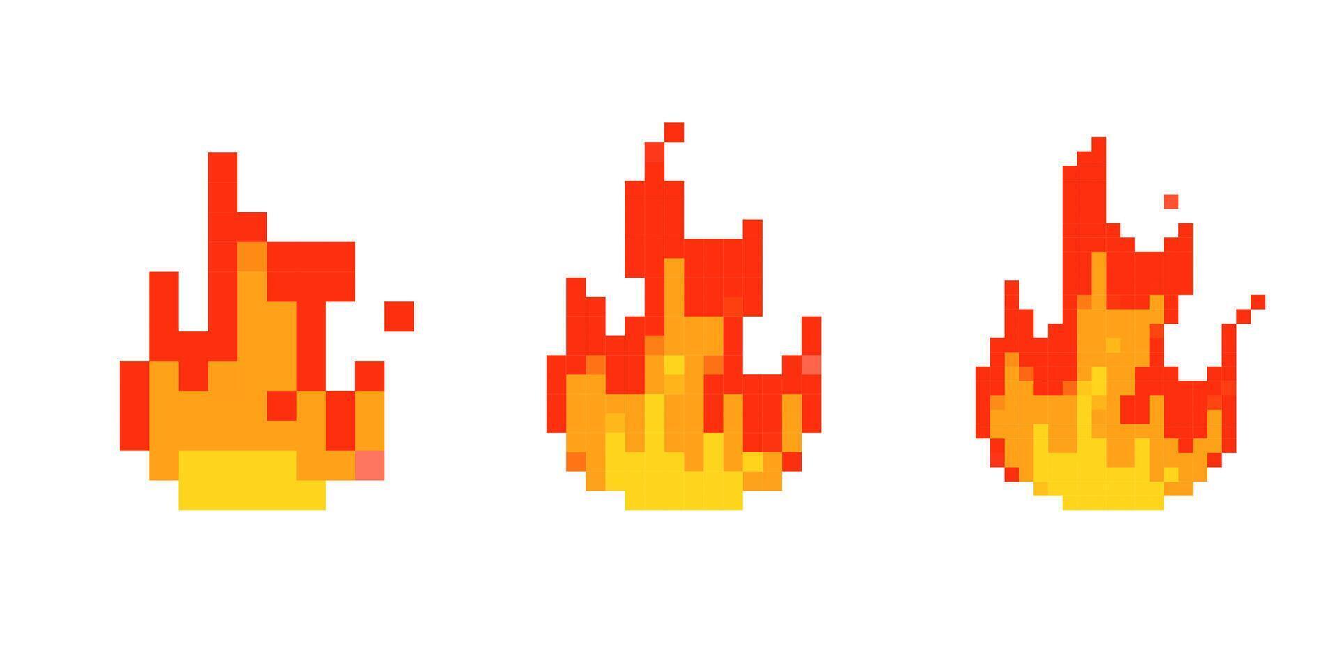 Mosaic pixel art fire icons showing bright flame in retro 8 bit style for game design vector
