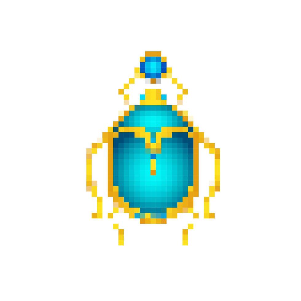 Mosaic pixel blue scarab beetle with jewel and gold accents in retro design vector