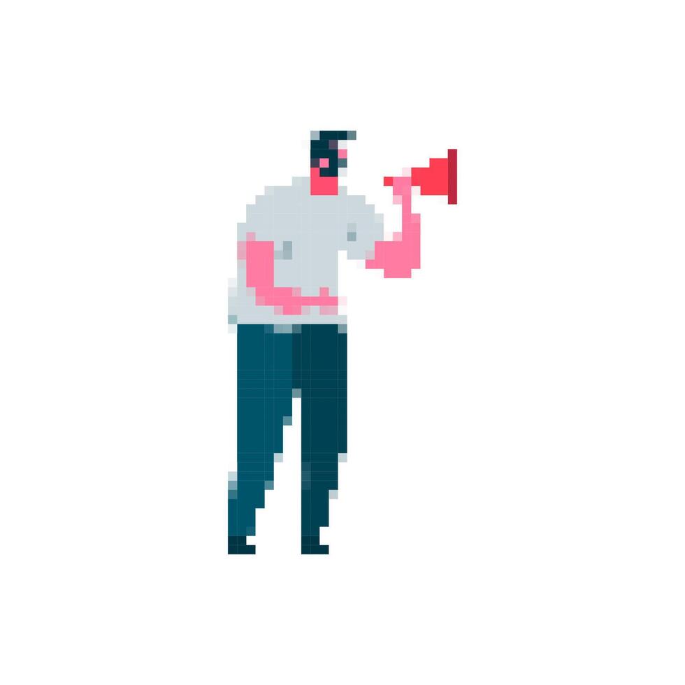 Mosaic icon of man with megaphone in pixel art style for fun communication vector