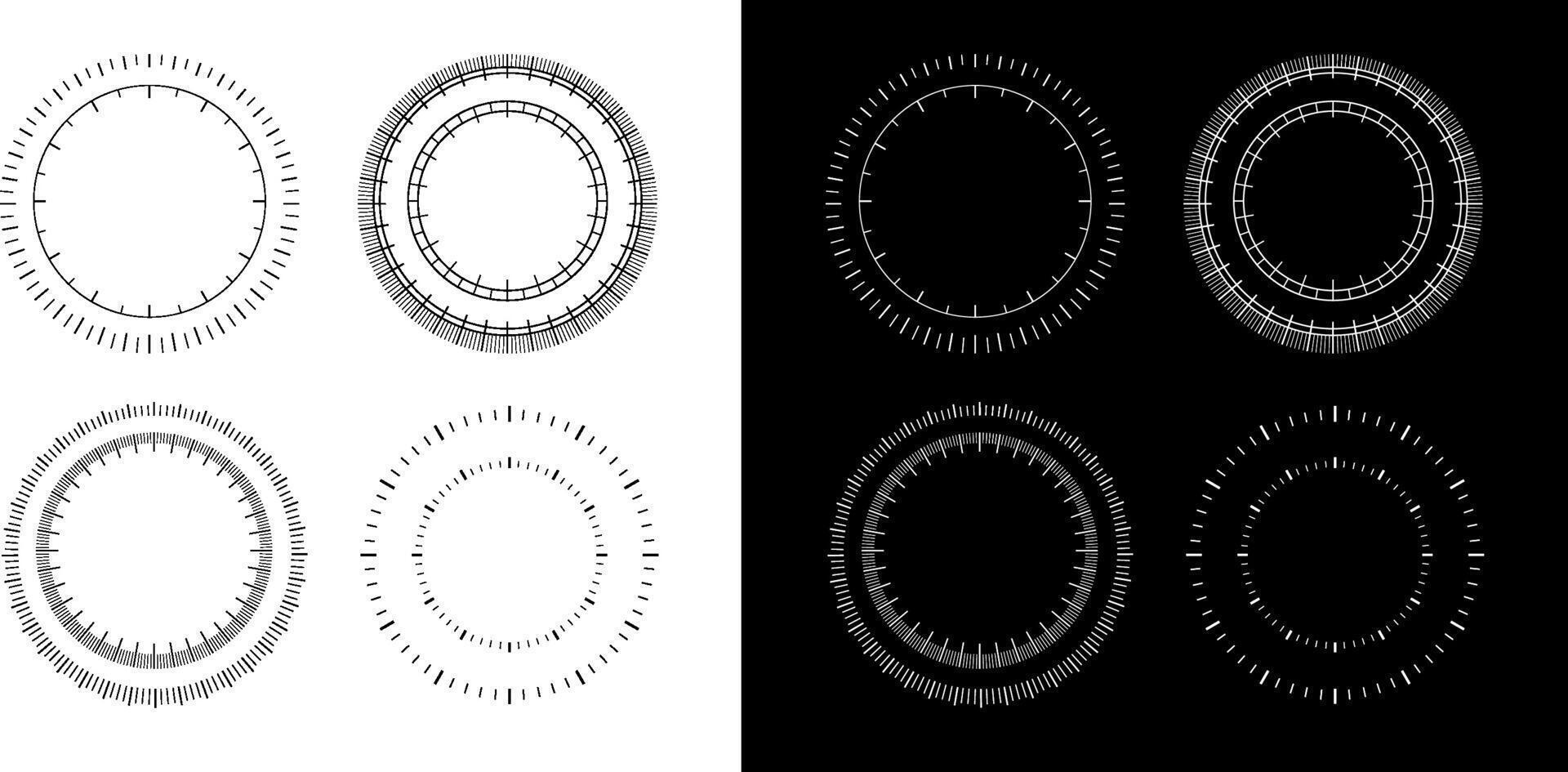 Circular measuring scales with radial tick marks and concentric numeric indicators vector