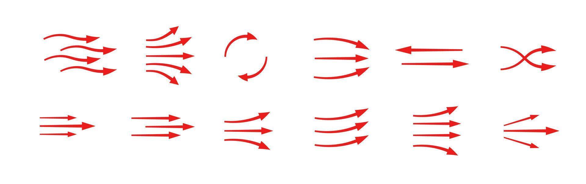 Red arrows showing different flow directions and motion styles in various dynamic shapes vector