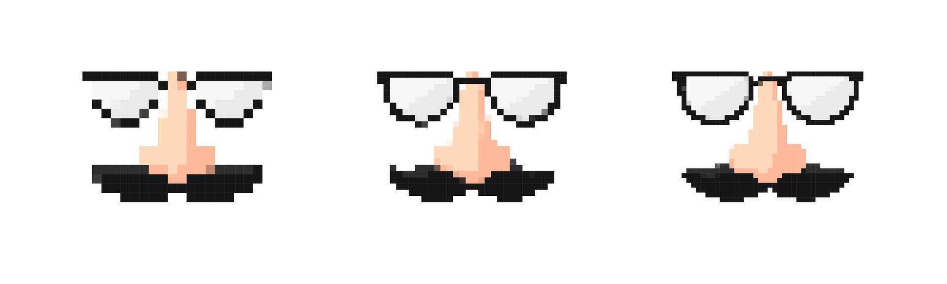 Mosaic pixel art icon featuring funny glasses with nose in 8 bit style for retro design vector