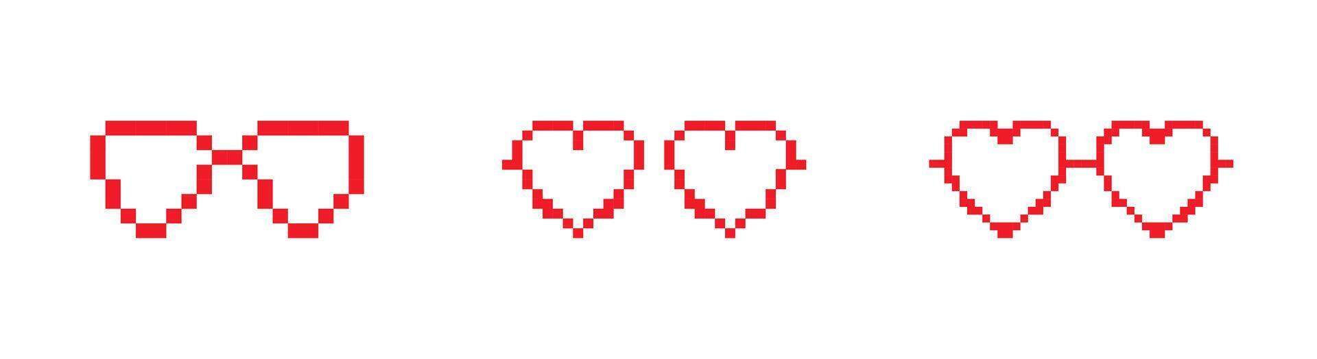 Mosaic pixel art icons of glasses heart in retro digital style vector