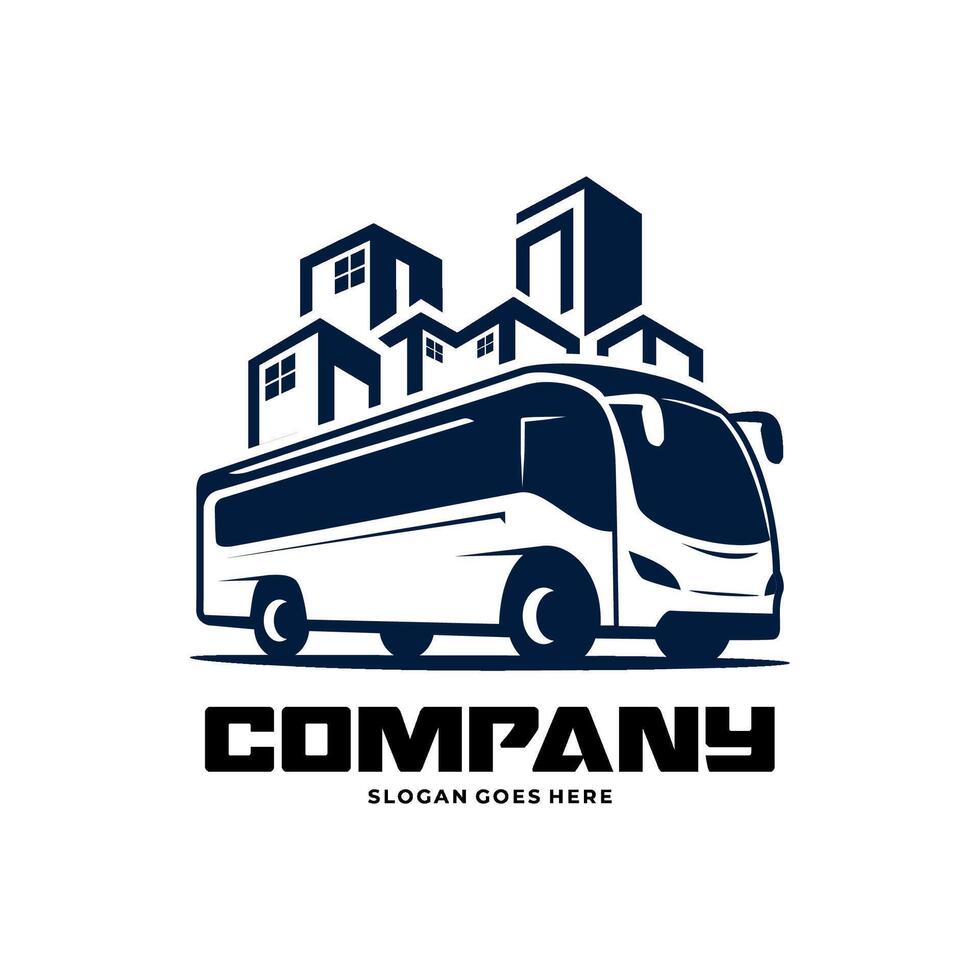 bus logo design with city buildings illustration vector
