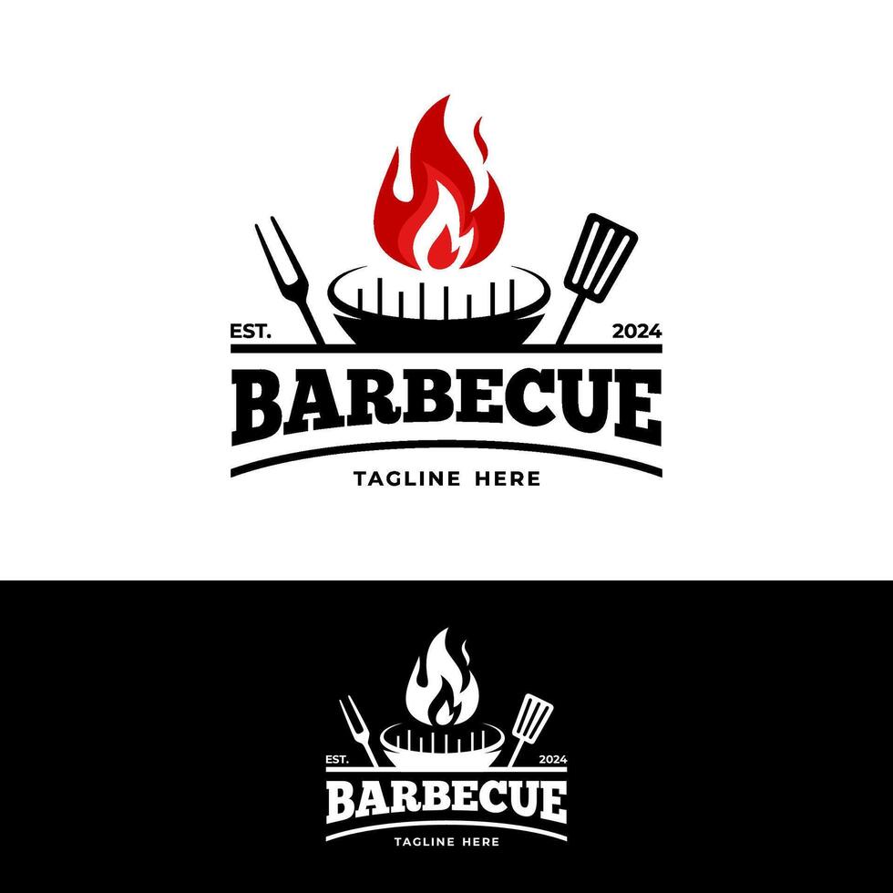 logo with barbecue grill, fire, fork, and spatula vector