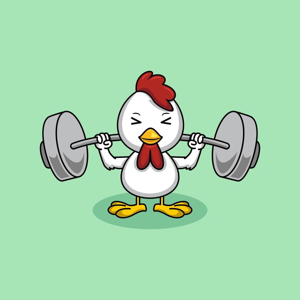 cute chicken lifting heavy barbell vector