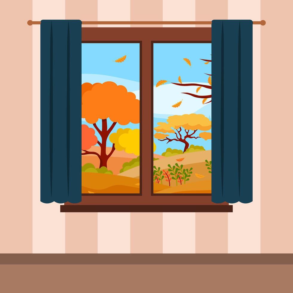 autumn window view with colorful trees cartoon illustration vector
