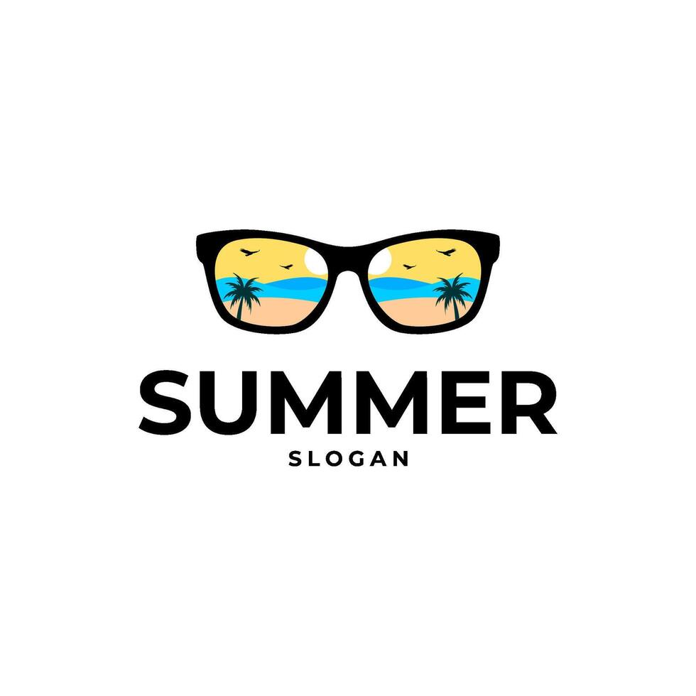 summer beach scene reflected in sunglasses logo design vector