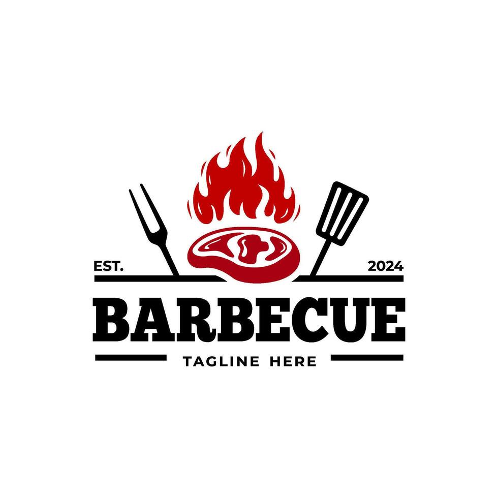 barbecue restaurant logo with flames and grilling utensils vector