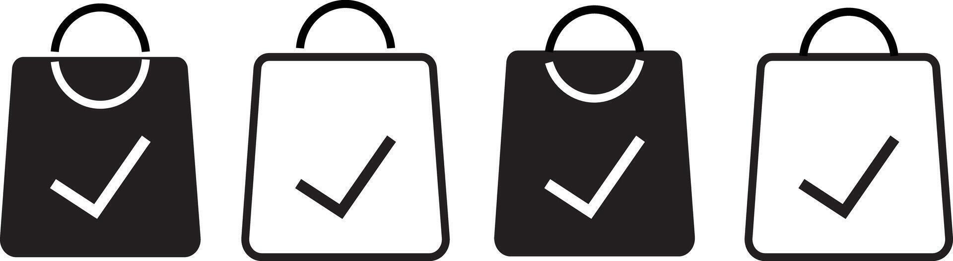 set off Shopping Bag Check Mark Icon set, representing order completion, success,Symbol isolated white illustration, vector