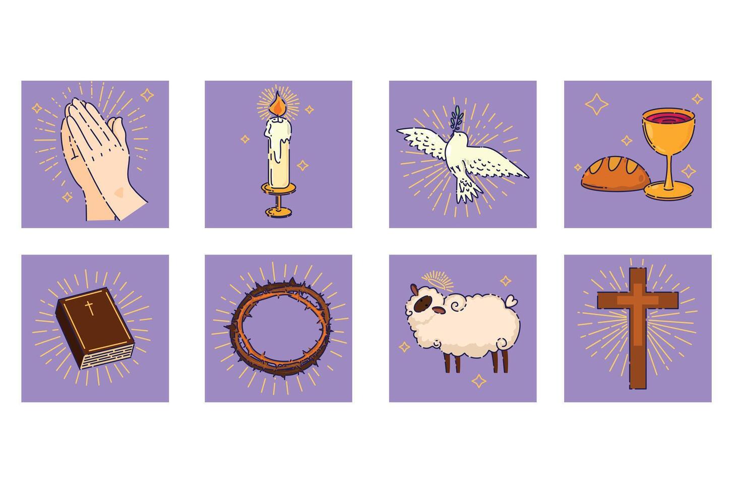 Religious icons: prayer, candle, dove, bread, cup vector